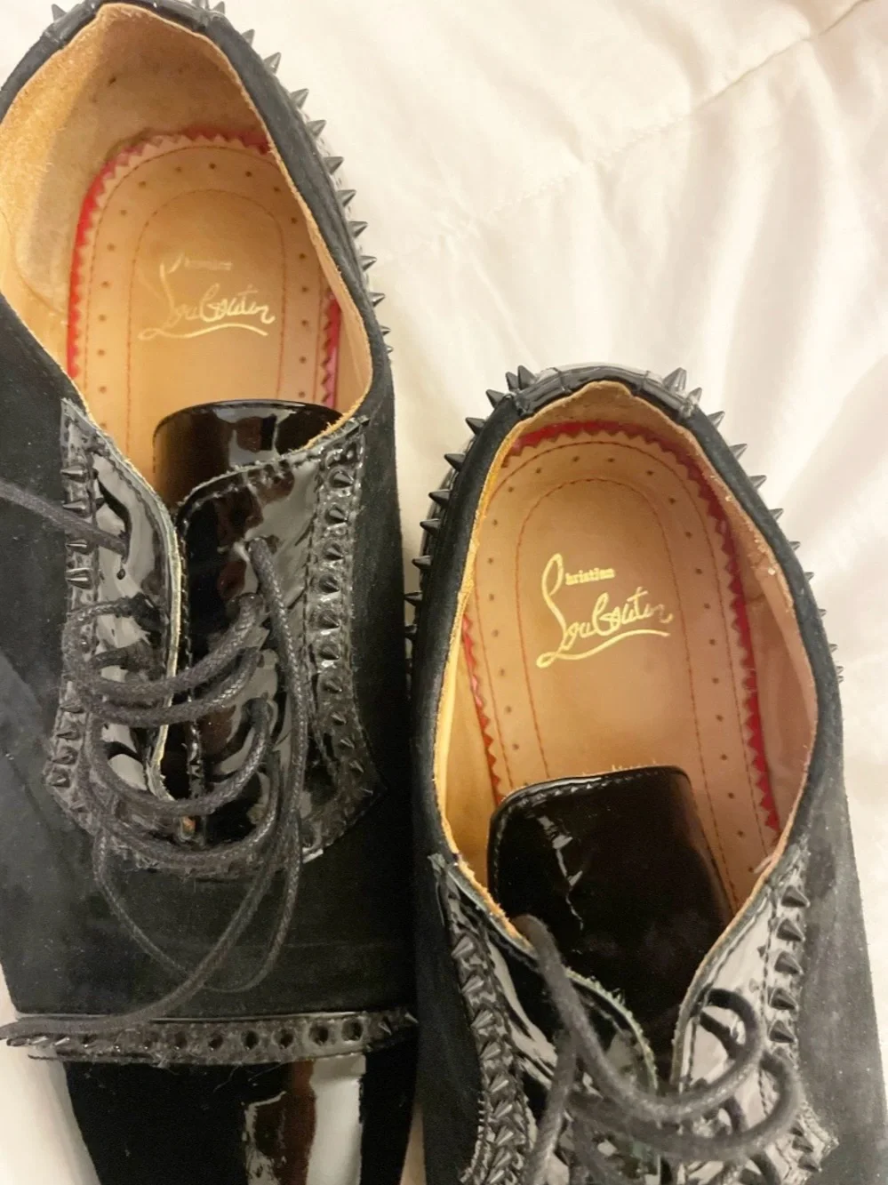 Christian Louboutin Black Suede & Patent Leather Spiked Derby Shoes